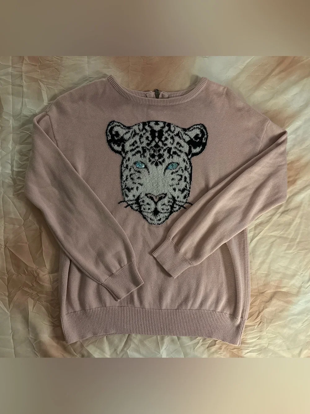 Children’s Place Light Pink Knitted Crewneck Sweater with Leopard Face Graphic